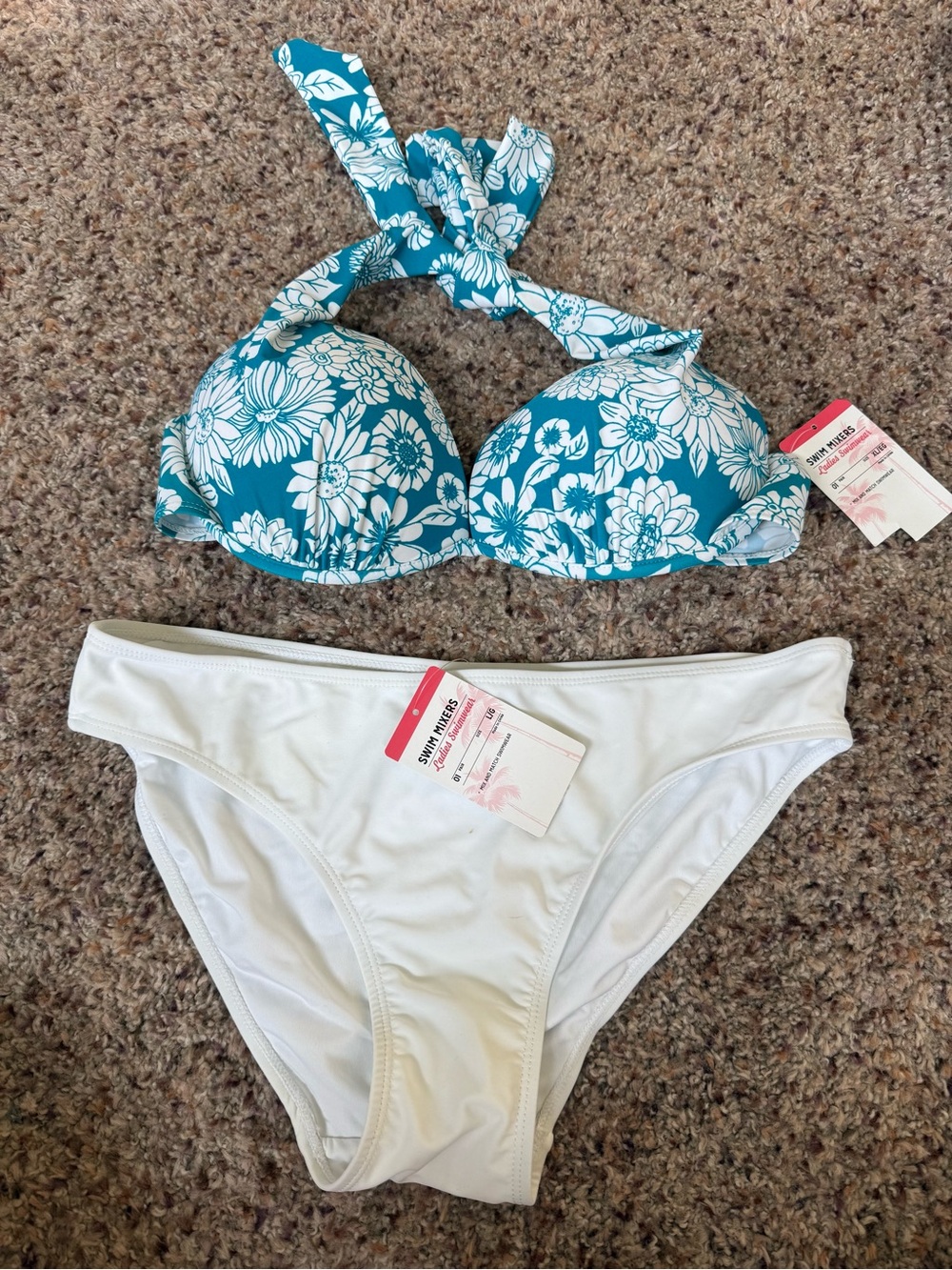 Floral Teal Halter Bikini Top with White Bottoms